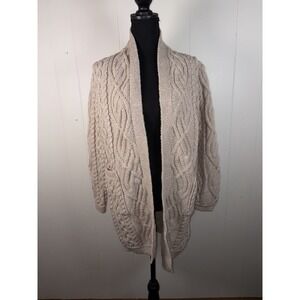 Aran Crafts Ireland Tan Chunky Cable Knit Wool Open Front Cardigan W Pockets Xs